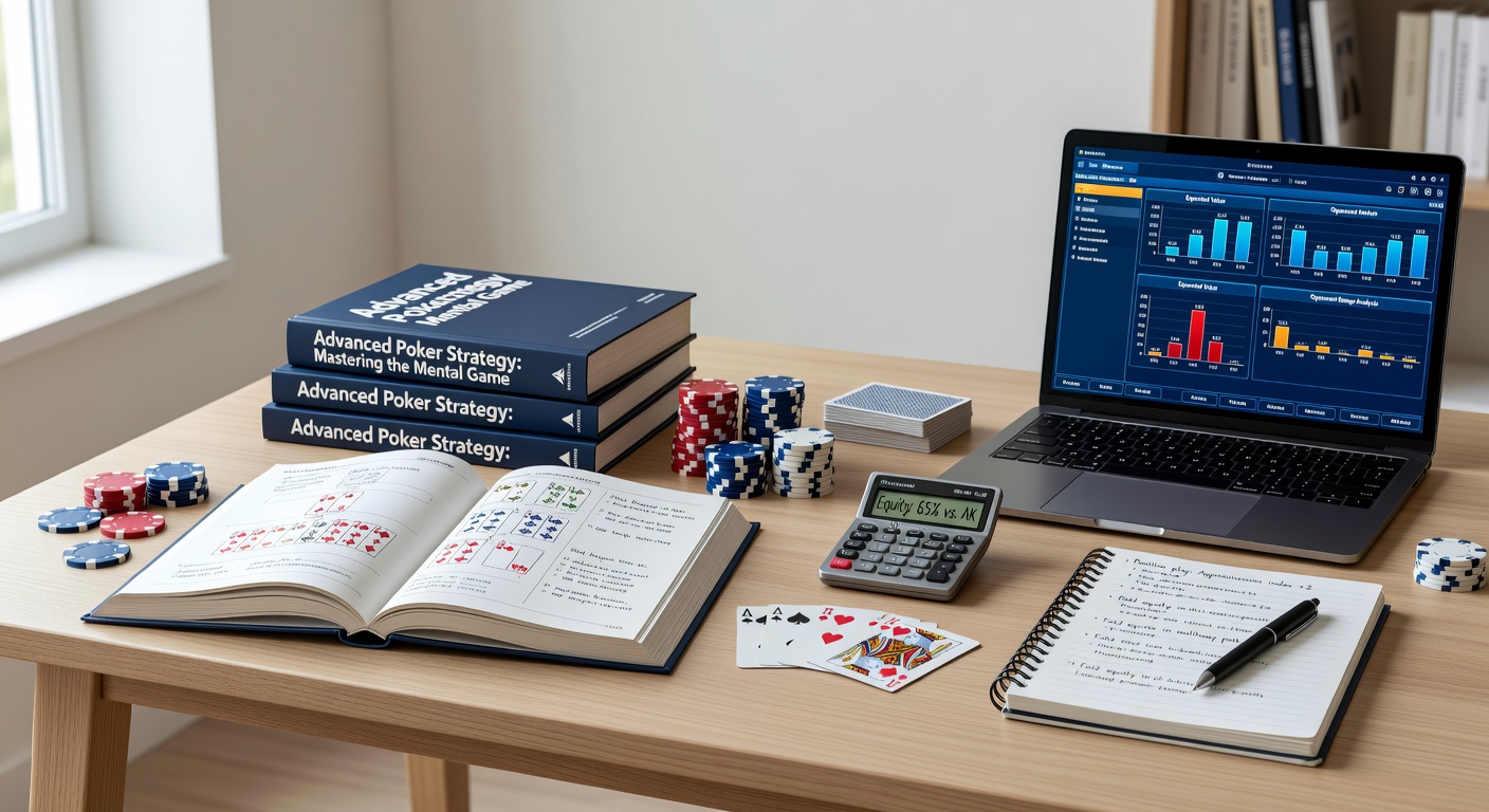 Poker strategy books arranged alongside tactile accessories including custom poker chips and card mats on a study table