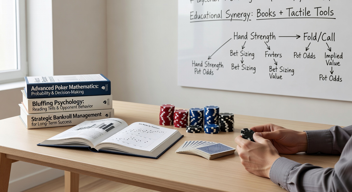 Close-up view of poker chips, playing cards, and an open strategy book used together during a hands-on study session