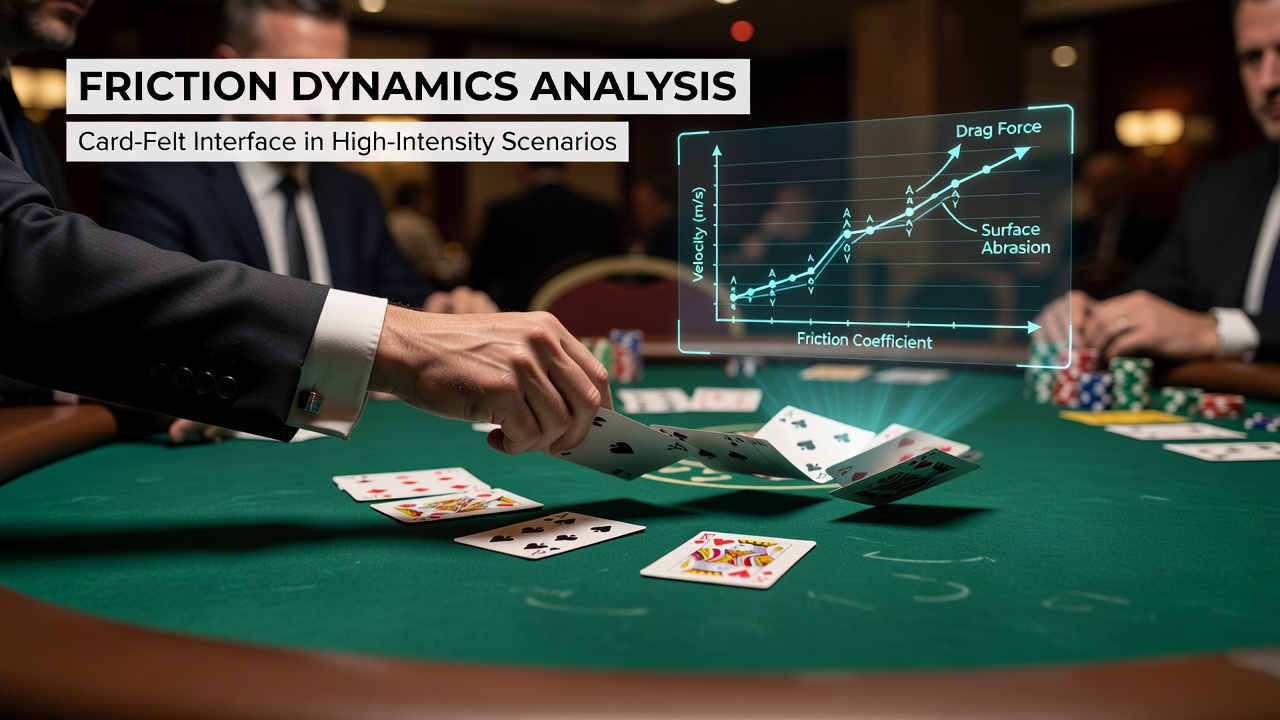 Close-up view of poker cards interacting with felt mat surface under tournament lighting