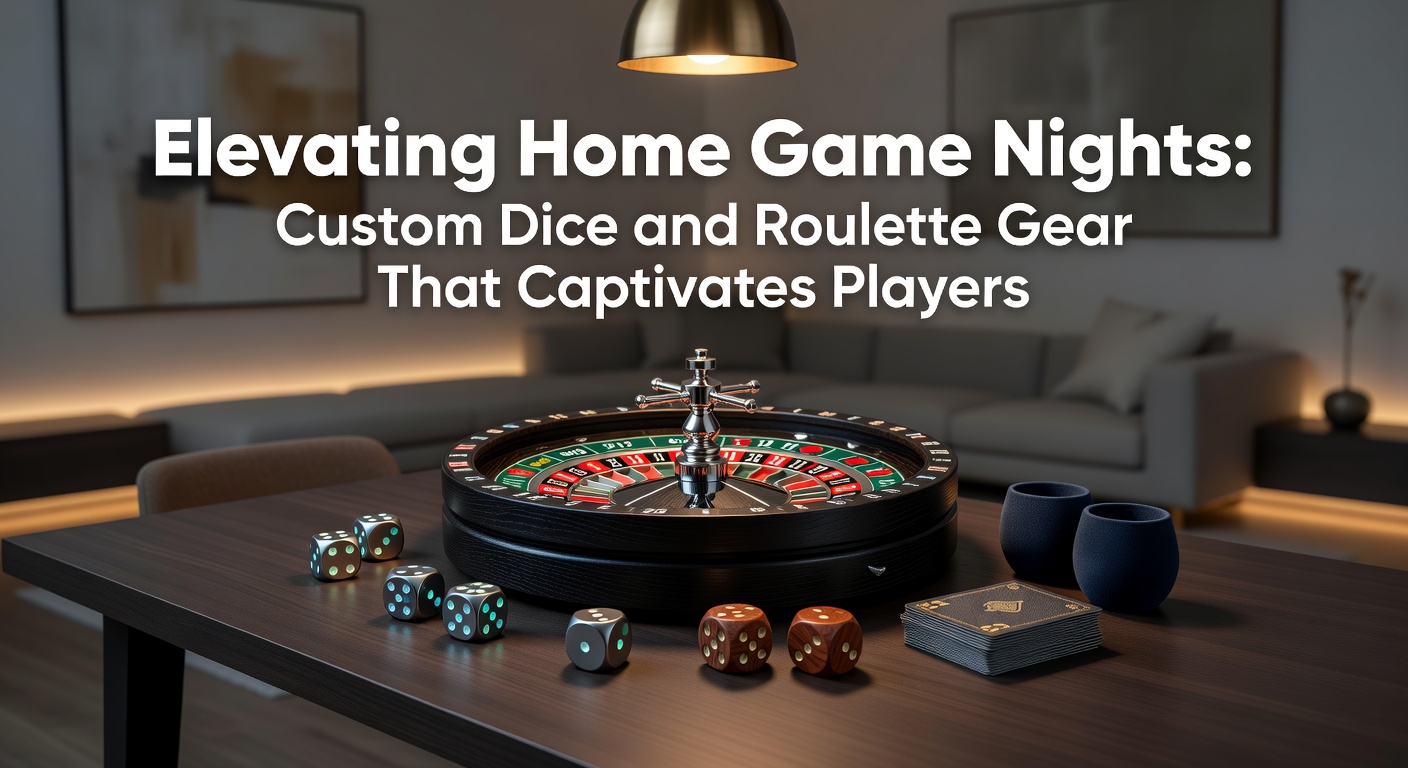 Vibrant custom dice set arranged on a wooden game table during a lively home game night, showcasing engraved designs and glowing edges under soft lighting