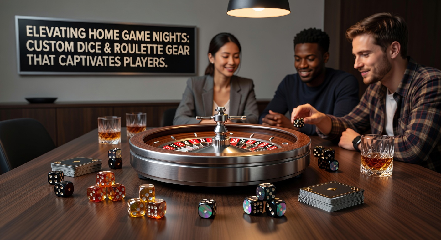 Elegant miniature roulette wheel with custom chip sets and a velvet betting layout spread out on a home dining table, surrounded by excited players mid-spin