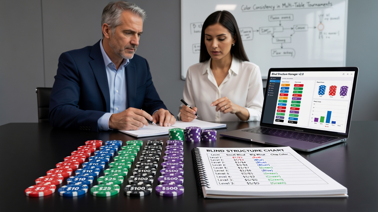 Tournament poker table with color-coded chips arranged for blind level progression in multi-format events