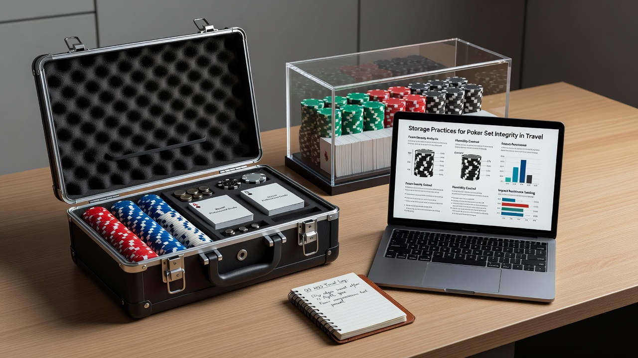 Organized poker accessories inside a travel case showing protective layering for cards and chips during transport