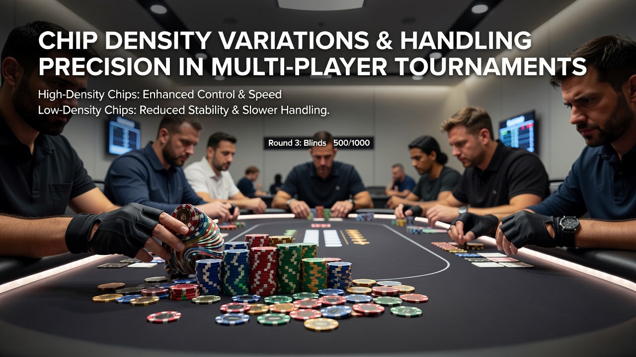 Tournament dealer handling stacks of chips with precise movements during a multi-table poker event