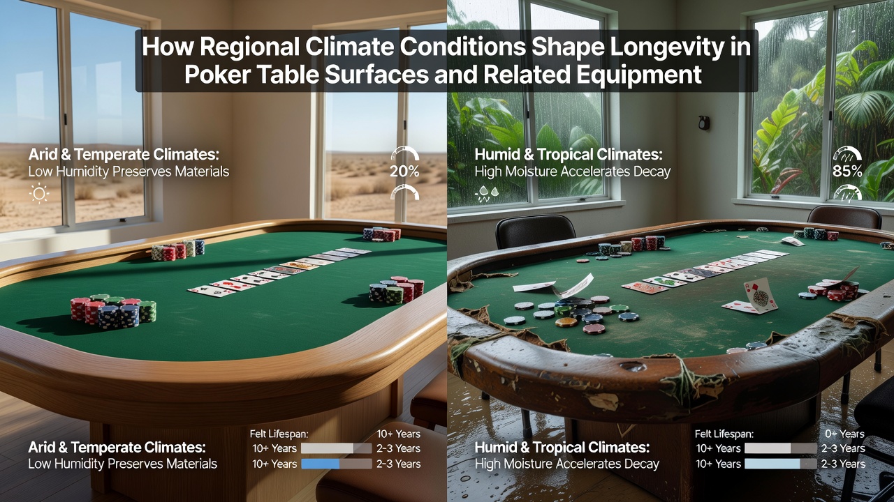 Technician inspecting poker table felt edges and measuring surface tension in a climate-controlled environment