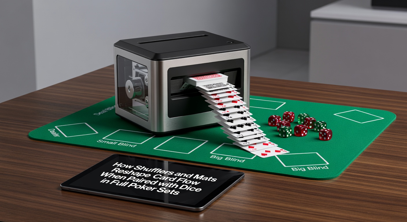 Automatic card shuffler positioned on a speed cloth mat alongside precision dice in a complete poker set