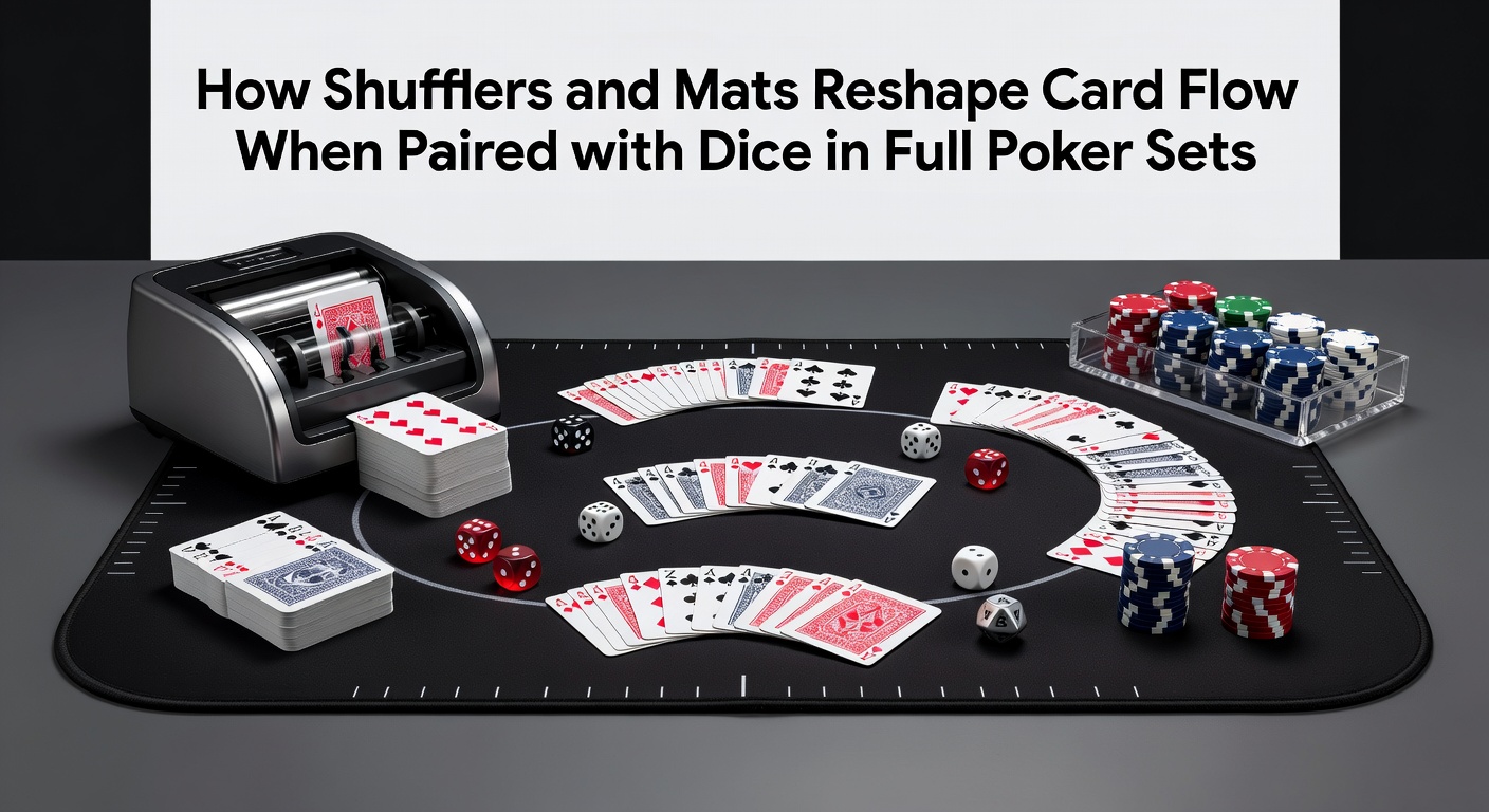 Close-up view of cards flowing from a shuffler across a textured mat while dice rest nearby in a poker setup