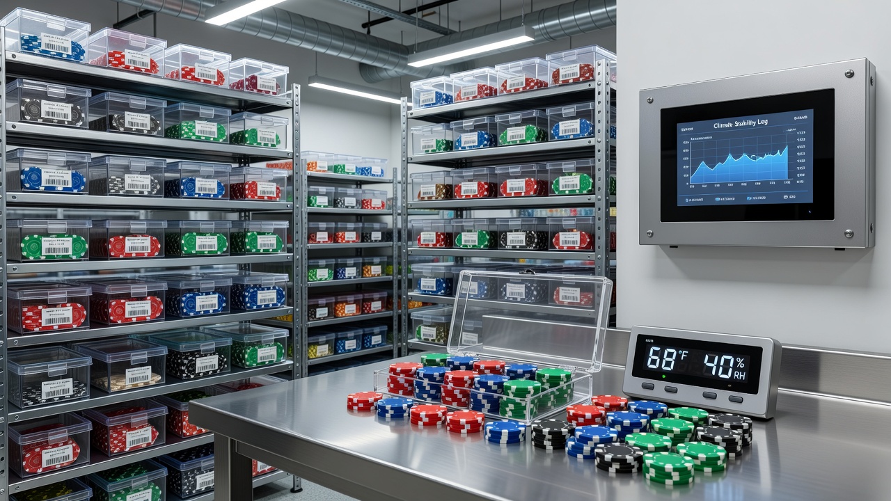 Close-up view of poker accessories and chip cases arranged in temperature-regulated storage units within a typical residence