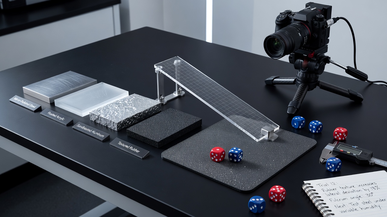 Laboratory setup showing dice roll trajectories captured across different gaming surface textures with measurement overlays