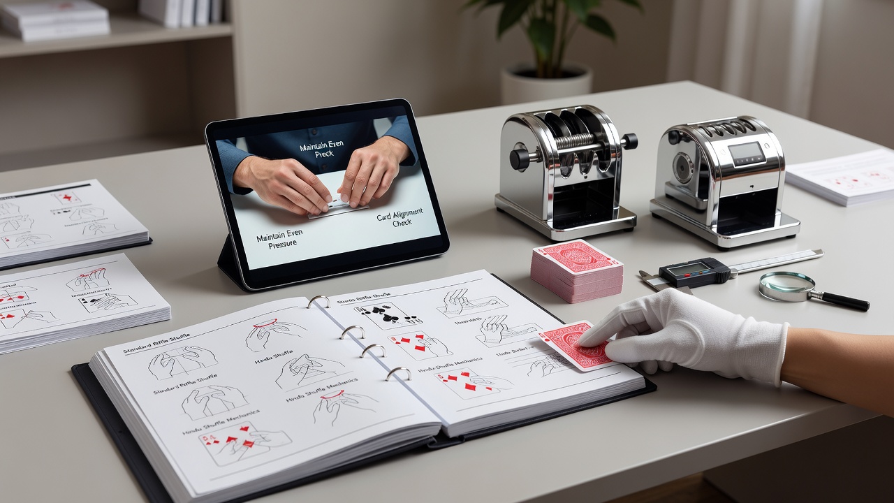 Technician adjusting a card shuffler while consulting a procedural reference manual in a gaming facility