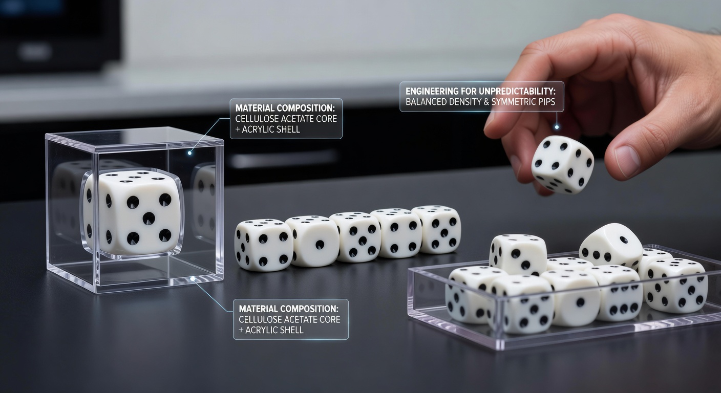 Casino dice undergoing precision measurement and balance testing in a controlled laboratory environment
