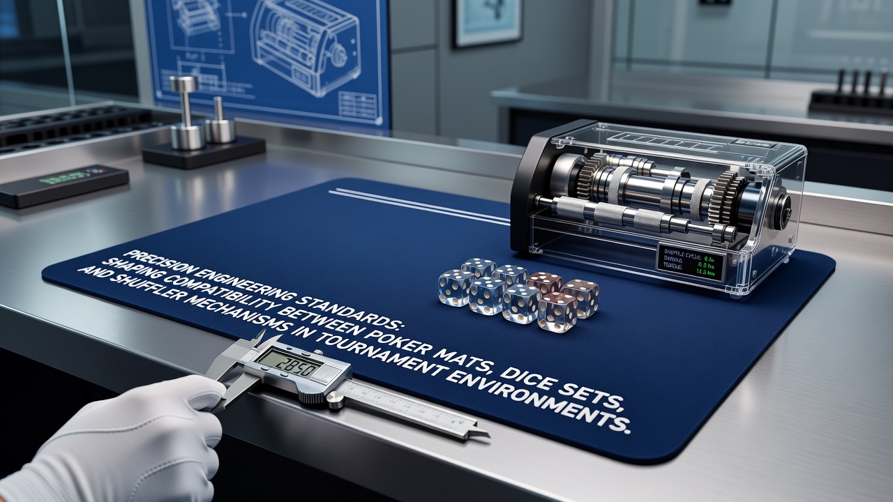 Close-up of precision-engineered poker mat surface with aligned dice and automated shuffler integration points