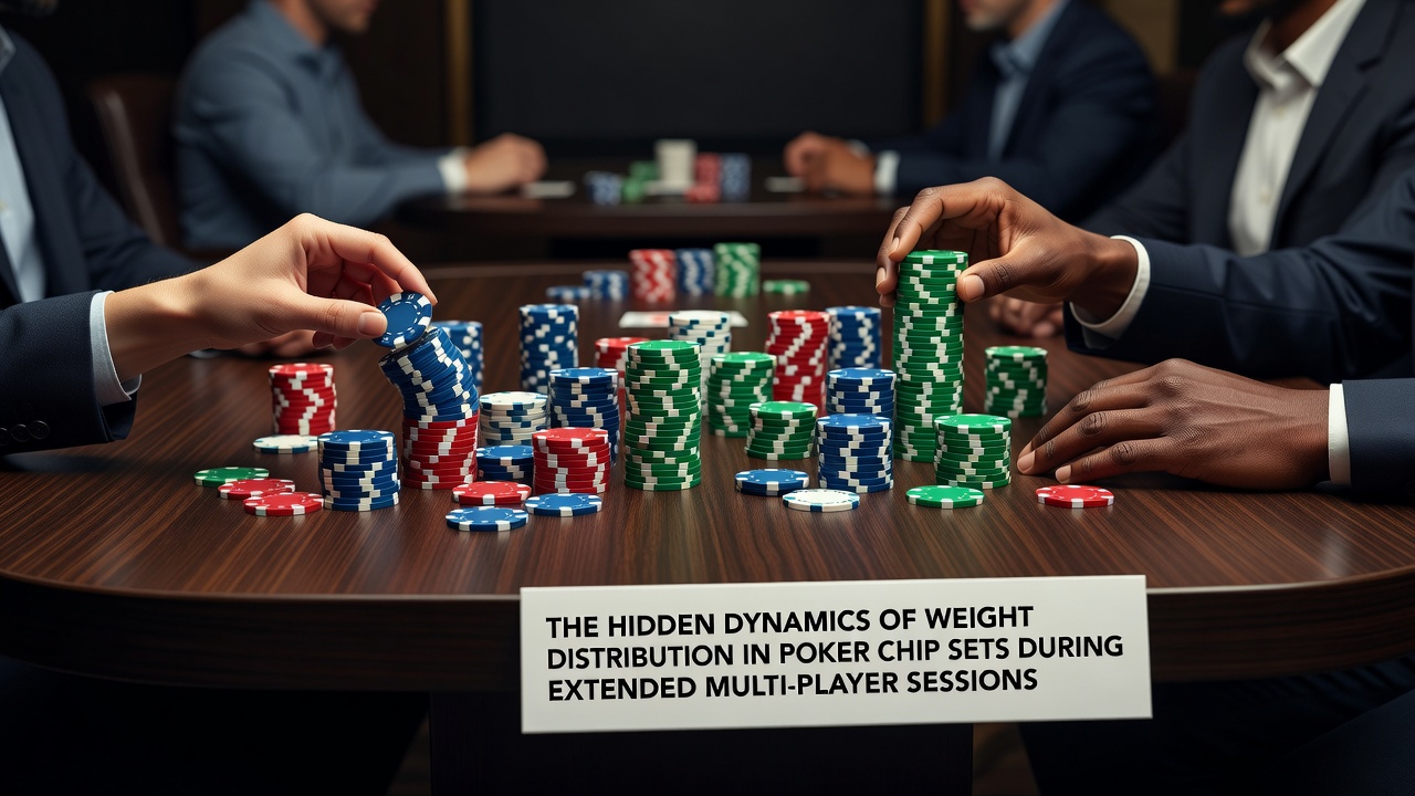 Poker chips arranged in stacks showing variations in height and density during a multi-player game