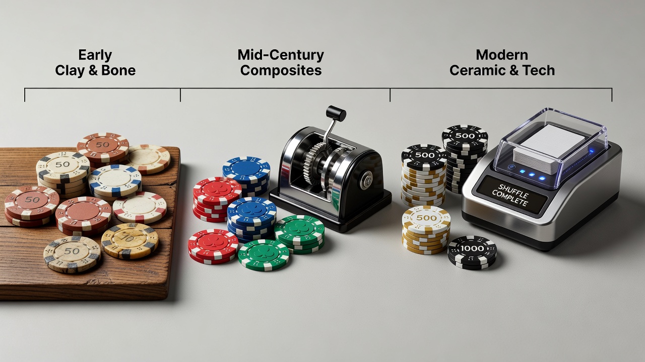 Evolution of poker chip materials from early clay to modern composites displayed alongside card handling equipment