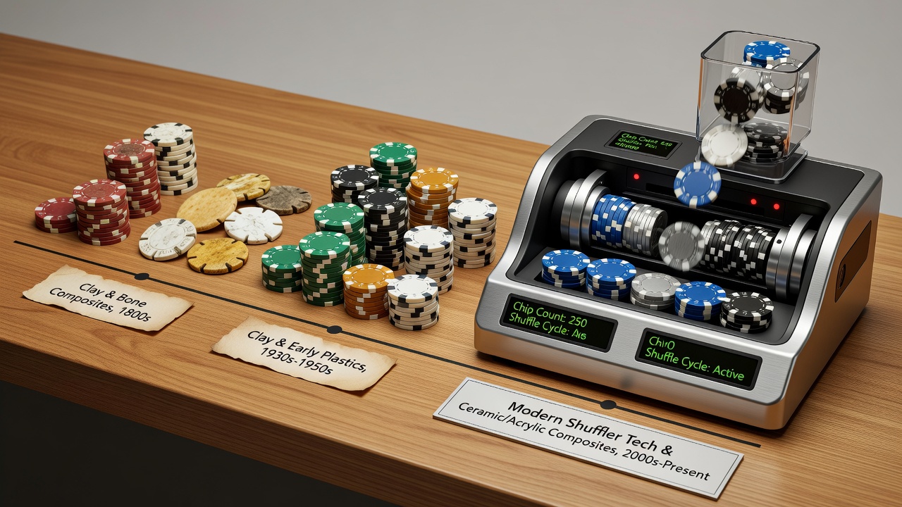 Modern RFID poker chips positioned near automated card shuffler units in a professional gaming environment