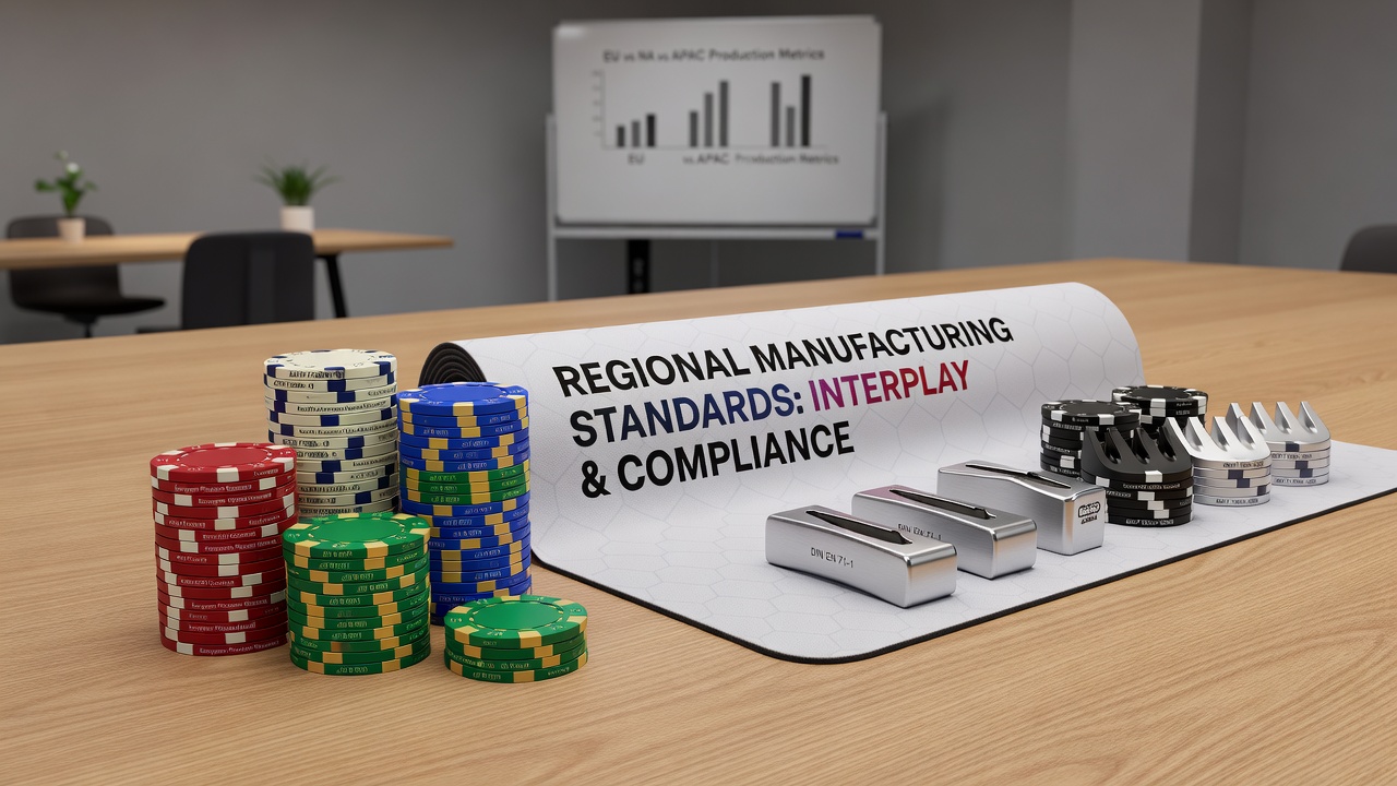 Regional variations in poker chip production lines showing standardized molds and material batches
