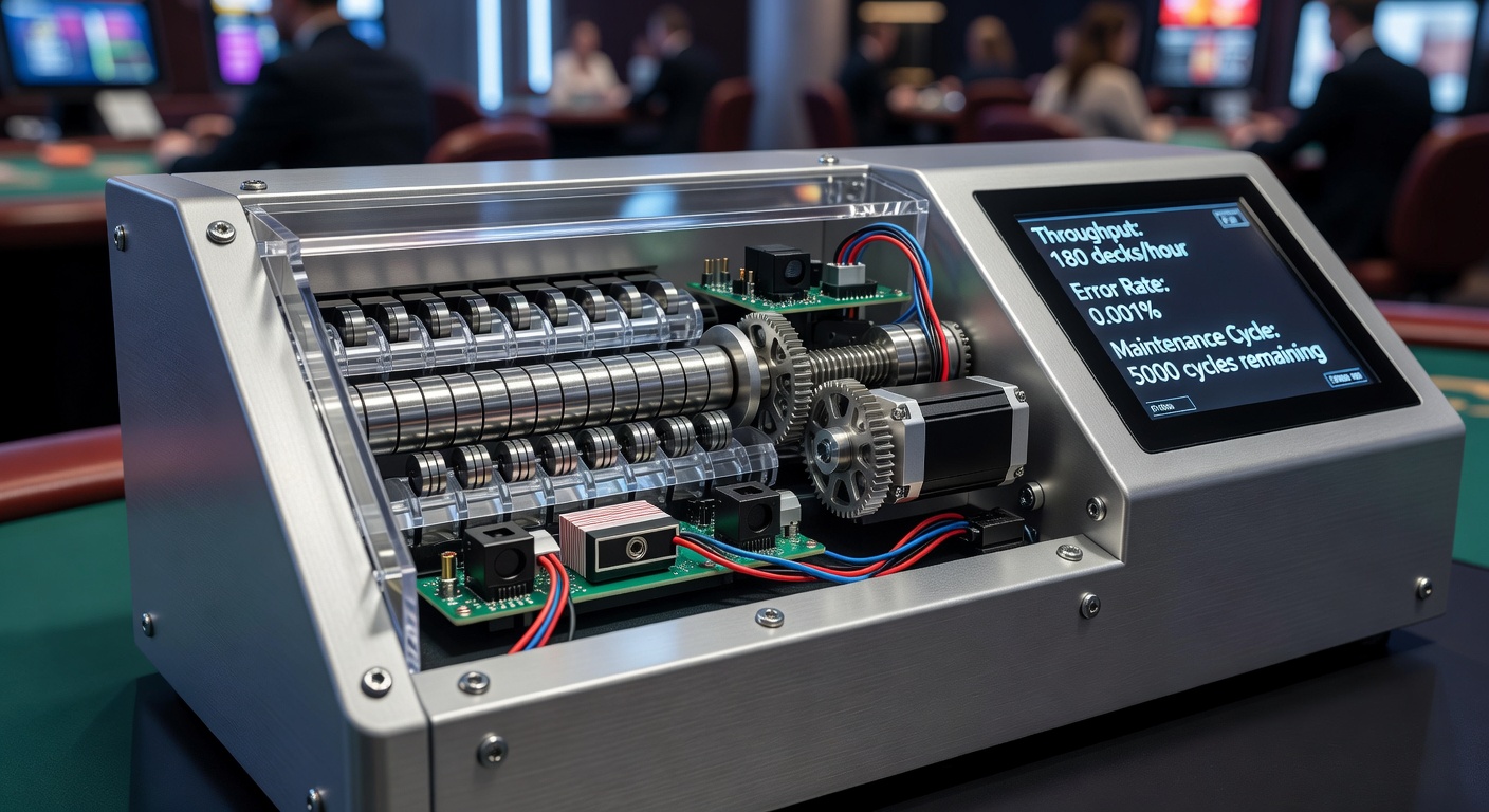 Professional card shuffler machine in a casino setting with cards being processed