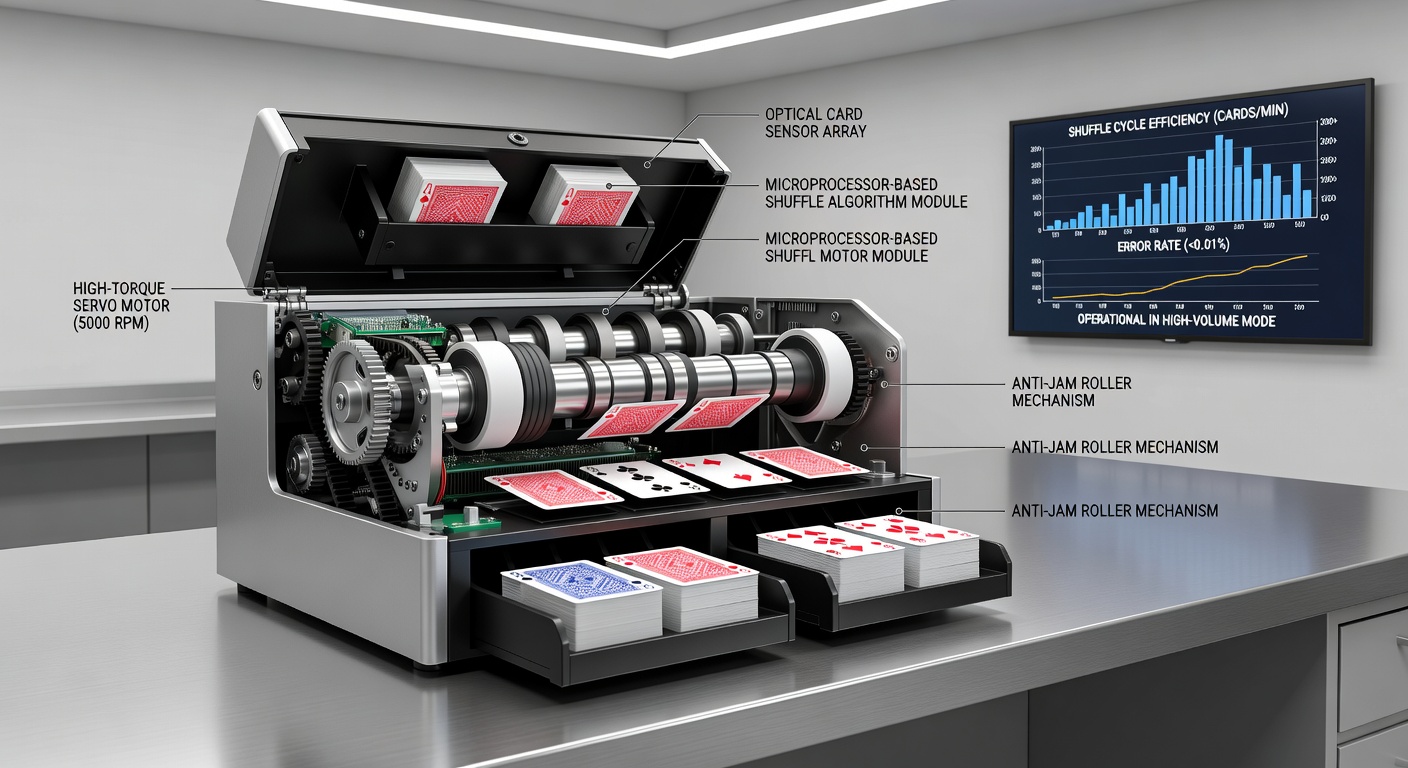 Close-up view of internal rollers and sensors in a casino-grade card shuffler