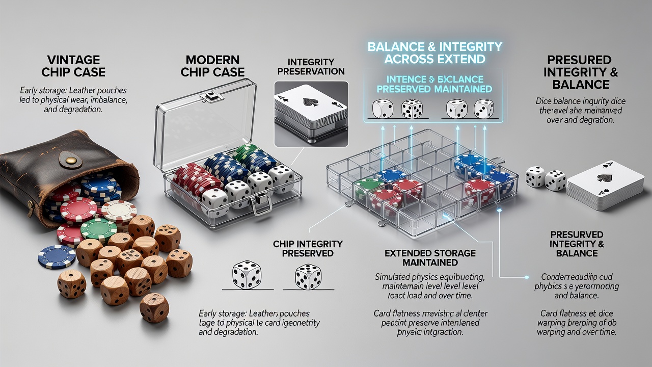 Protective chip case interior showing compartmentalized storage for cards and dice during regional supplier shipments