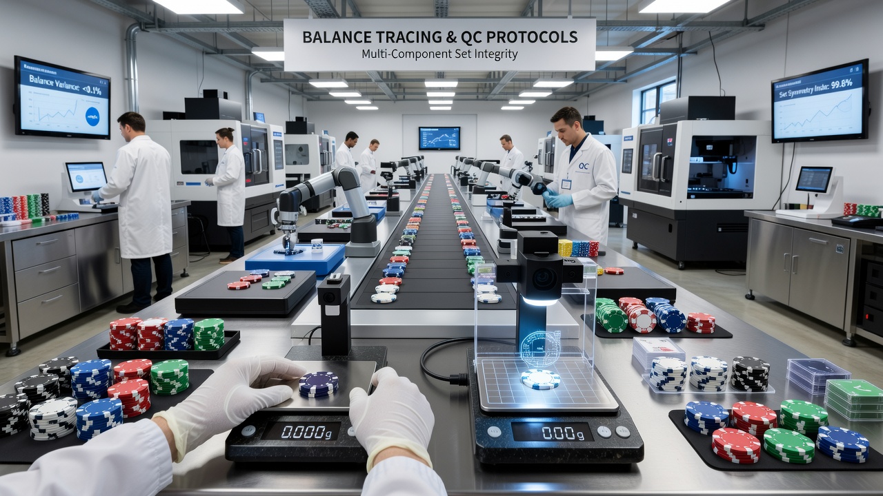 Technicians performing climate simulation tests on poker dice and chip sets in a controlled laboratory environment