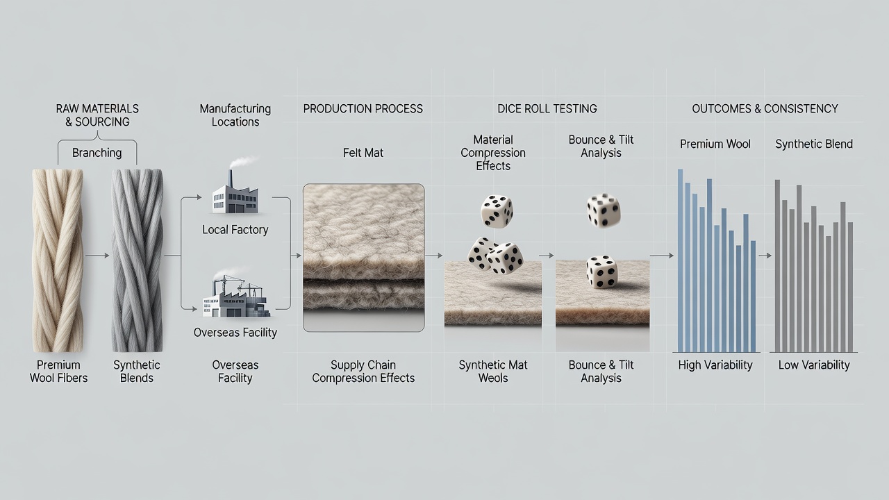 Close-up view of felt mat texture variations and dice resting positions during consistency testing