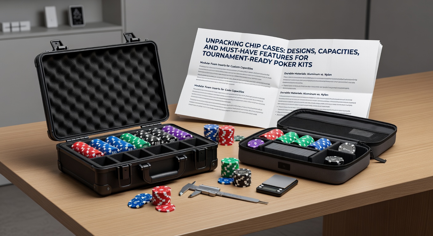 A sleek aluminum poker chip case with multiple trays holding colorful clay chips, handles, and secure latches, ready for transport to a tournament