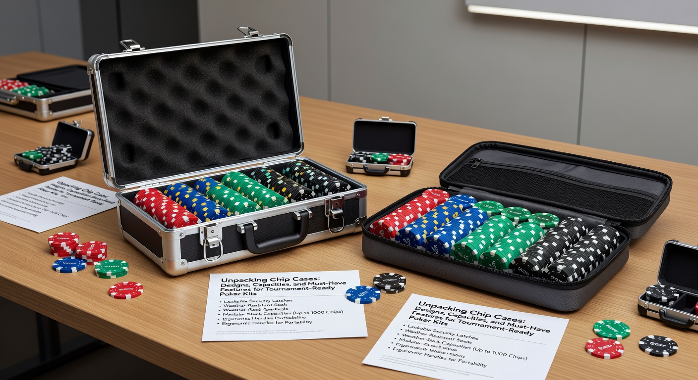 Interior view of a poker chip case tray system, showing organized racks of assorted denomination chips, dividers, and a secure foam insert for dice and cards